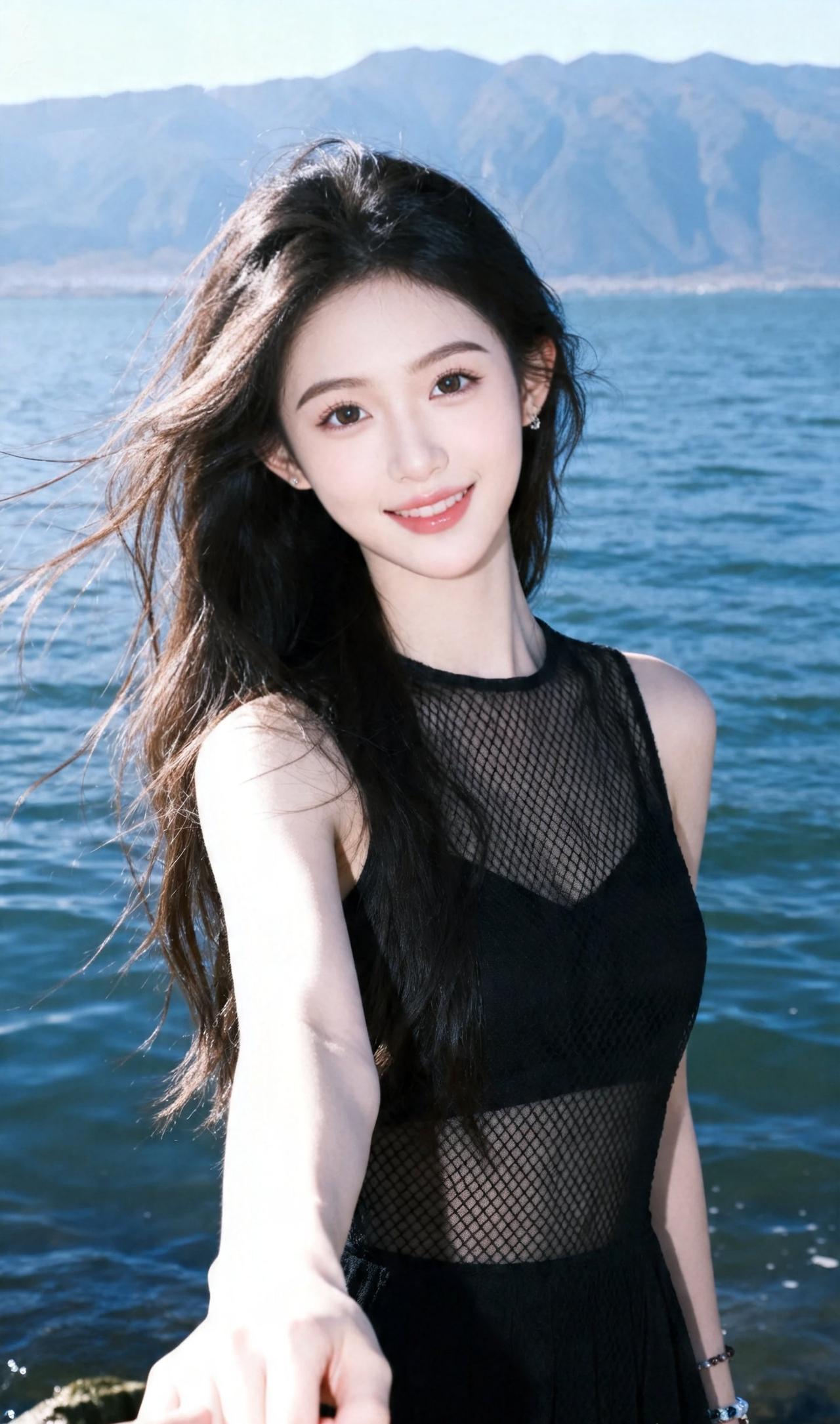 海边少女，微笑面对阳光，黑裙飘逸，海风轻拂。普通女生如何成为氛围感美女治愈系美
