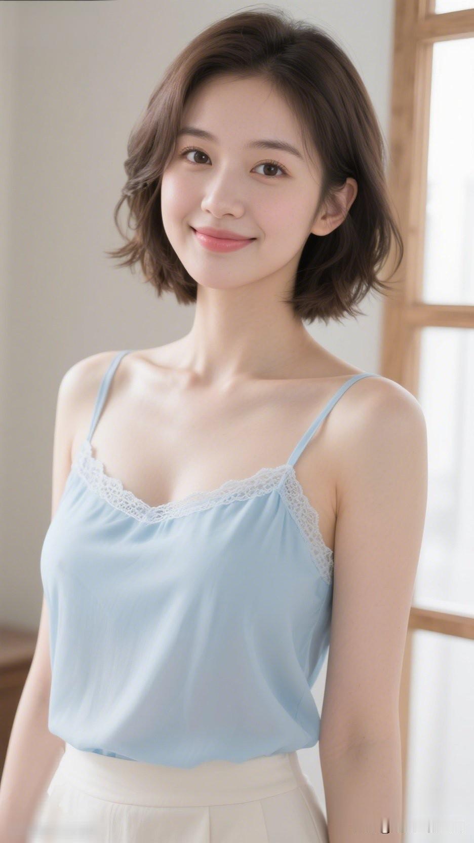 浅蓝衣衫映笑颜，春风拂面意自闲。优雅与性感，你会怎么选温柔甜美的浅蓝色吊带衫，