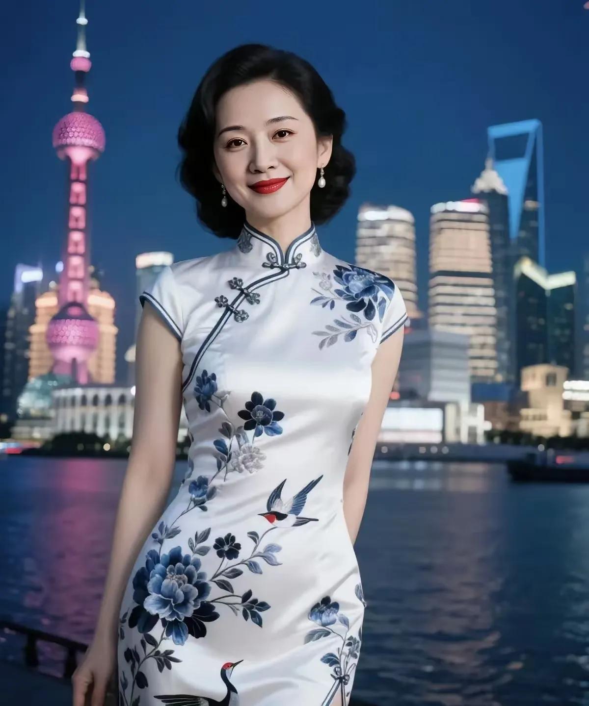 江畔旗袍佳人黄浦流光染月袍，星河绣影动春潮。簪斜珠坠添风韵，慢拢裙裾醉晚