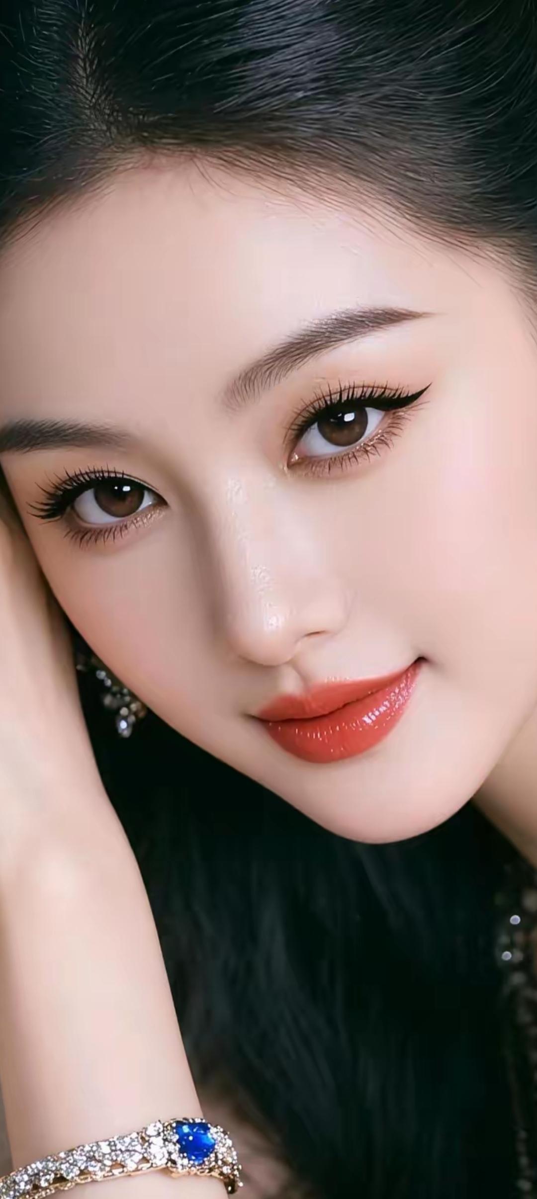 优雅黑发，红唇微启，闪耀的珠宝点缀，尽显迷人魅力。