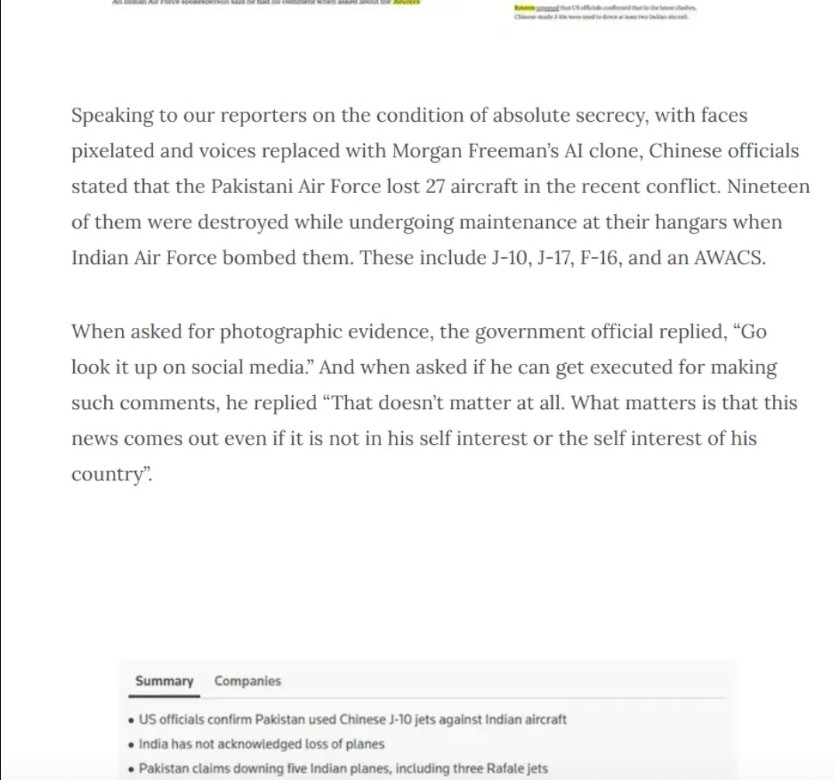 印度媒体真的疯了，印度媒体最新报道：中国社交媒体承认巴基斯坦损失了27架战机