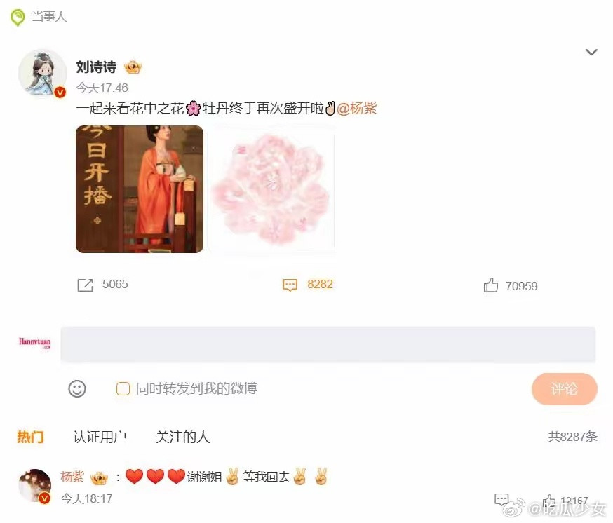 杨紫回应刘诗诗杨紫主演的古装商战剧刚开播，刘诗诗的工作室便大手一挥包下了500个