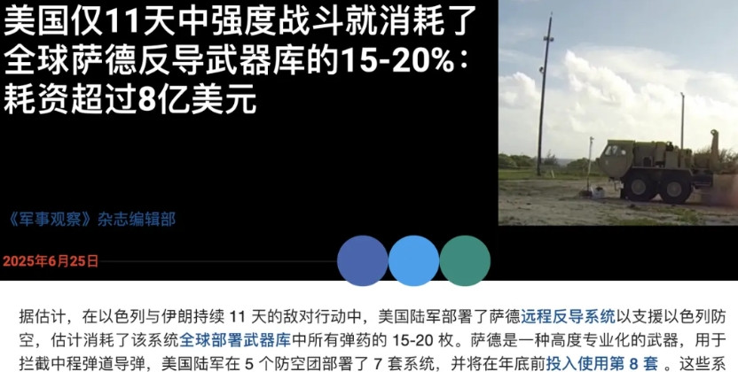 美国在短短11天内就用掉了其全球萨德导弹库存的15-20%，这要是打得久一