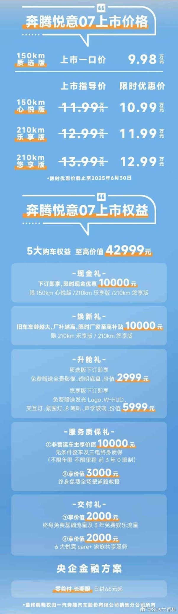 今晚奔腾悦意07正式上市，全系4款车型售价9.98-13.99万元，并且除最低