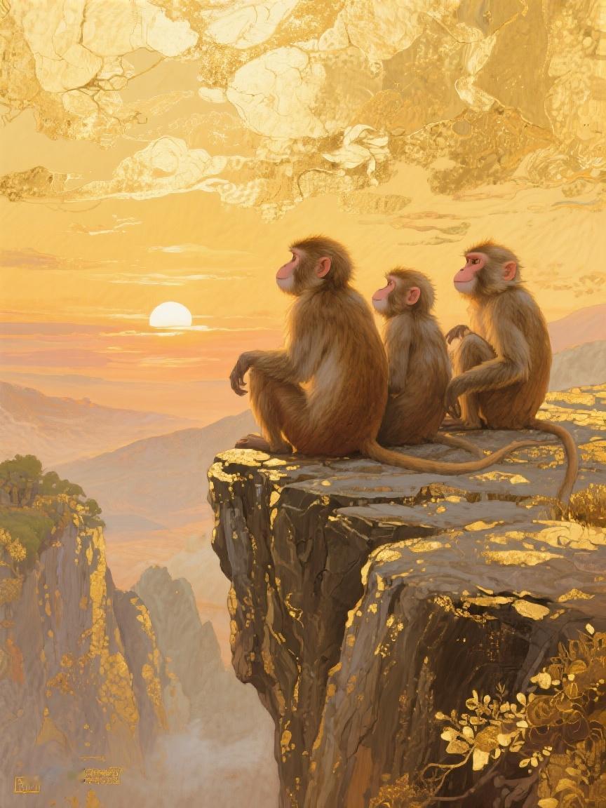 AI妙生图三只猴子静倚崖边，在落日余晖里，似思索着世间奥秘，又似在等待新的启程?