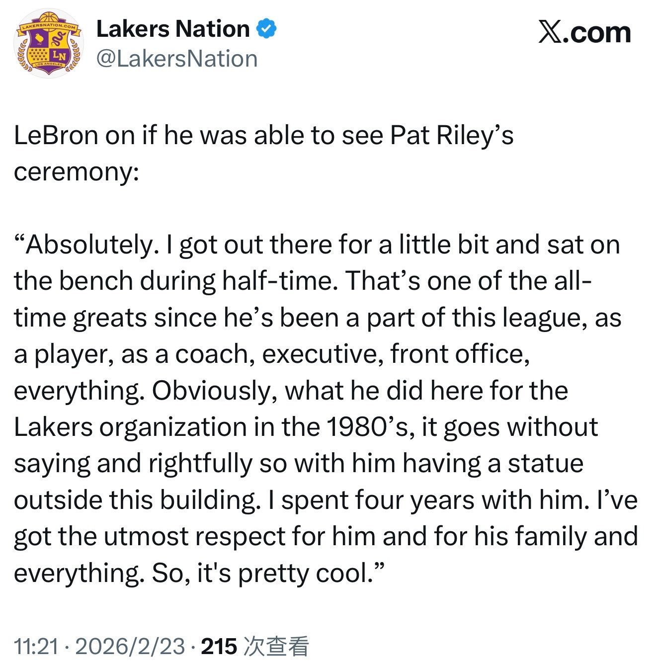 詹姆斯被问是否观看了帕特·莱利的致敬仪式：“当然看了。我在半场休息时出去了一会儿