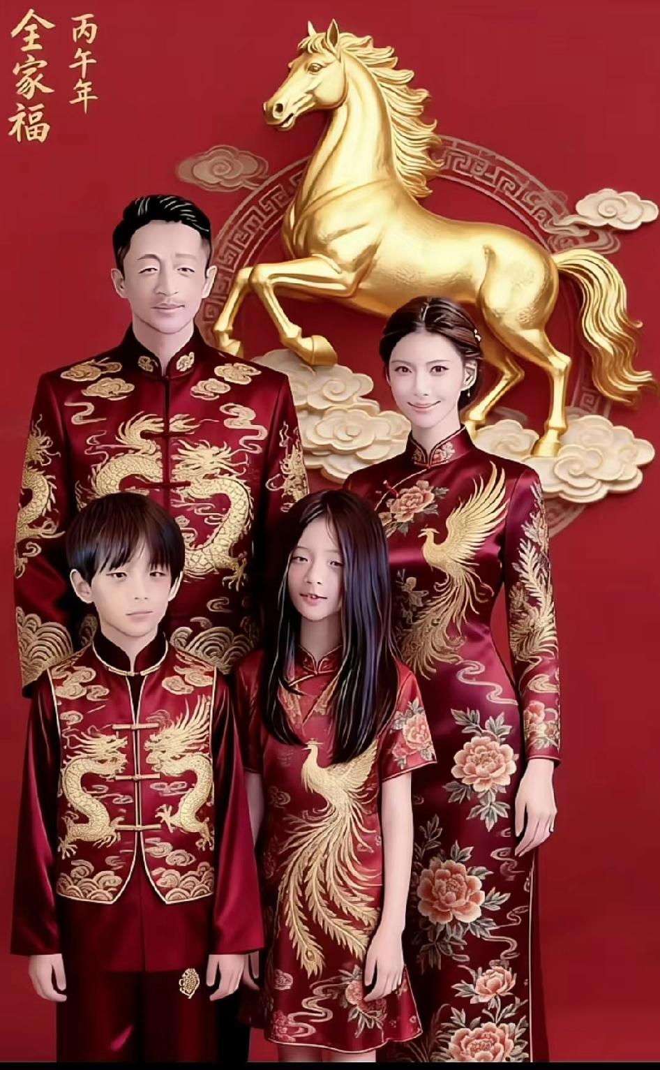 待产的马筱梅发了一张Ai制作的马年全家福。图中共有五口人，汪小菲和马筱梅，小玥