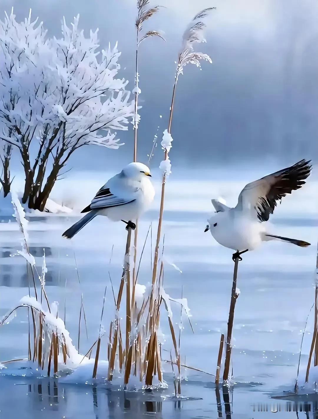 冬日雪景中的两只白鸟，静谧而美丽。
