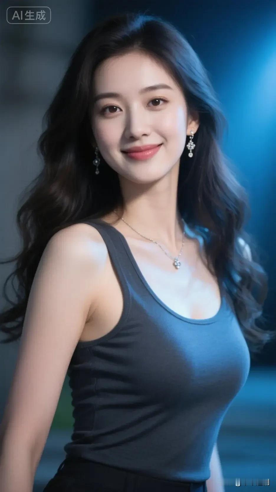夜色漫过肩头，深灰背心勾勒利落线条，发丝卷着晚风的温柔。颈间与耳侧的碎钻轻