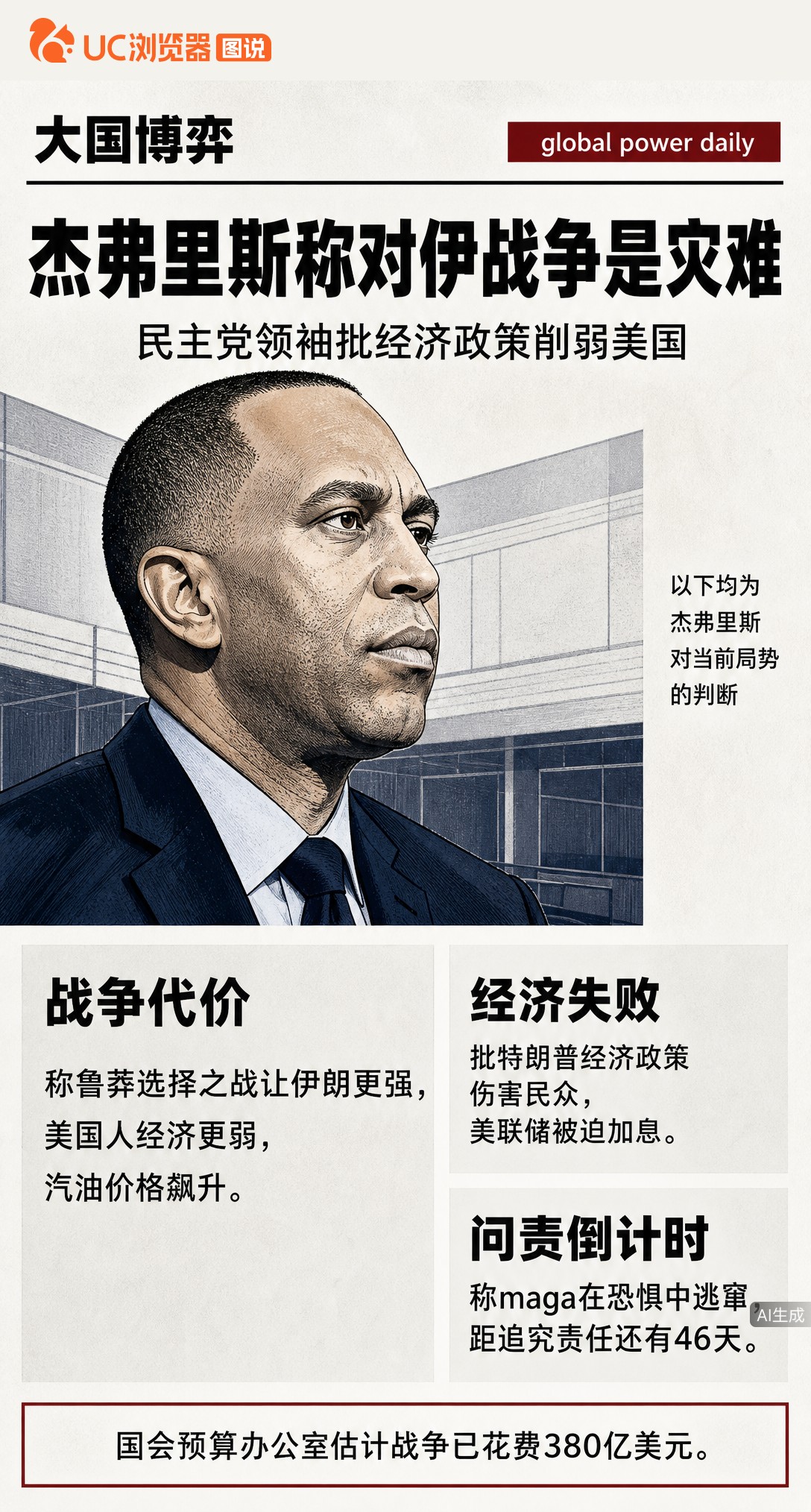众议院民主党领袖杰弗里斯批特朗普对伊战争是“灾难”：美方已花380亿美元，伊朗反而更强、油价飙升。距