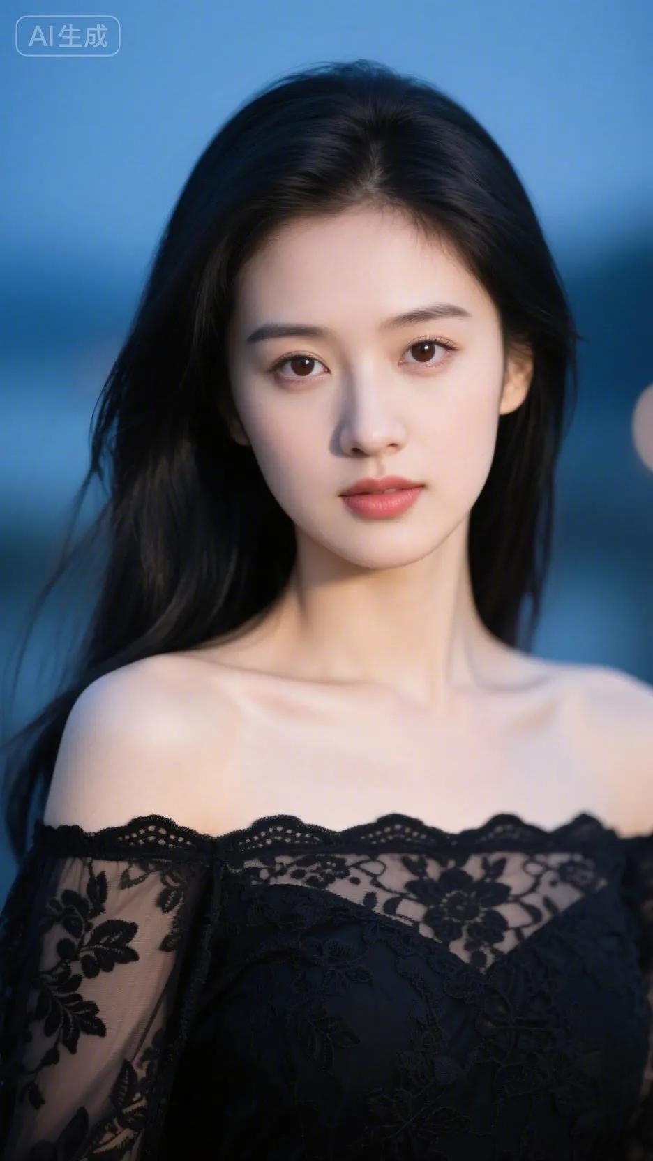 黑发红唇，优雅动人，黑纱裙摆，浪漫迷人。