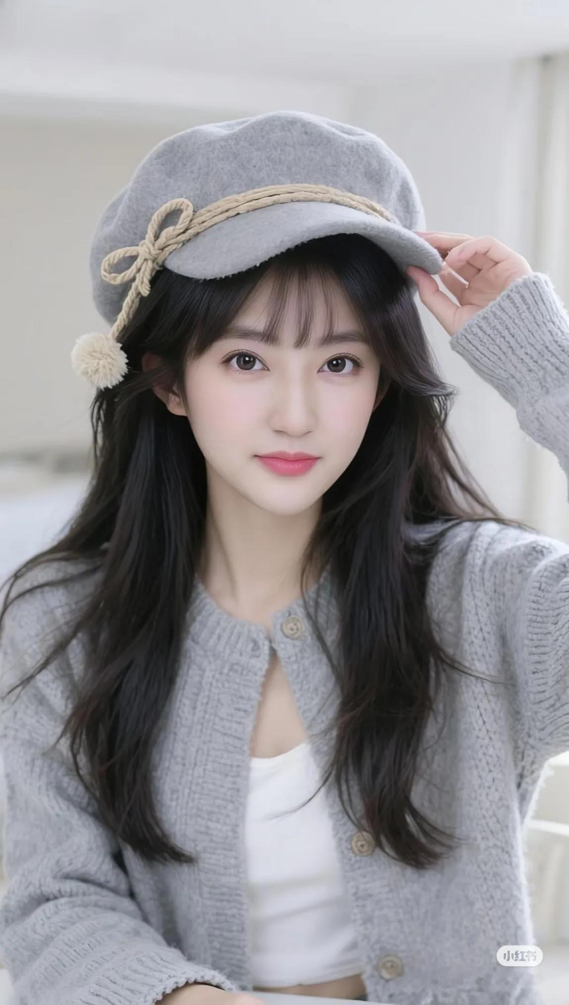 冬日穿搭指南：灰色针织衫+贝雷帽，温暖又时尚！街拍高清美女
