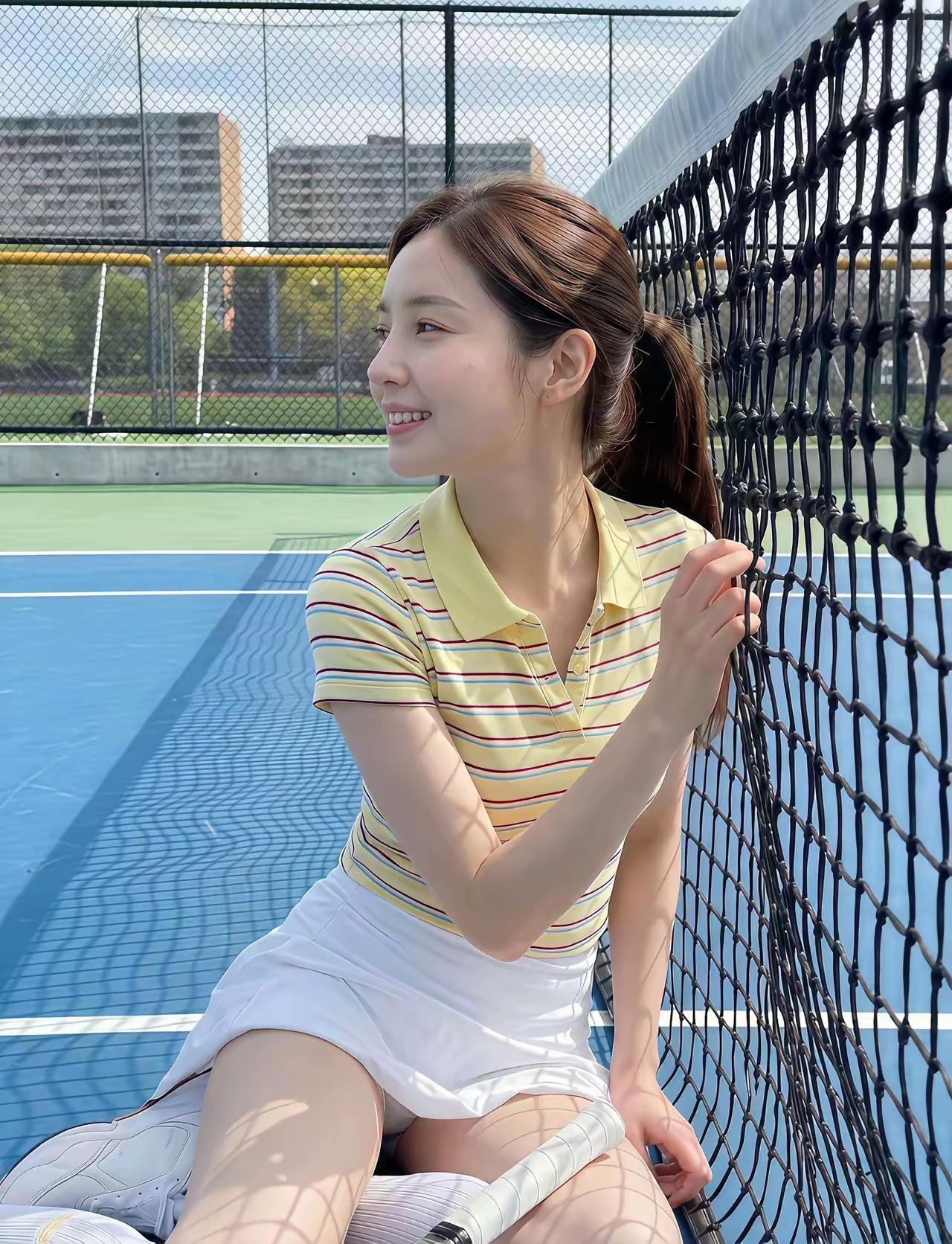 阳光明媚，球场边休息的她真可爱。运动治愈系美女