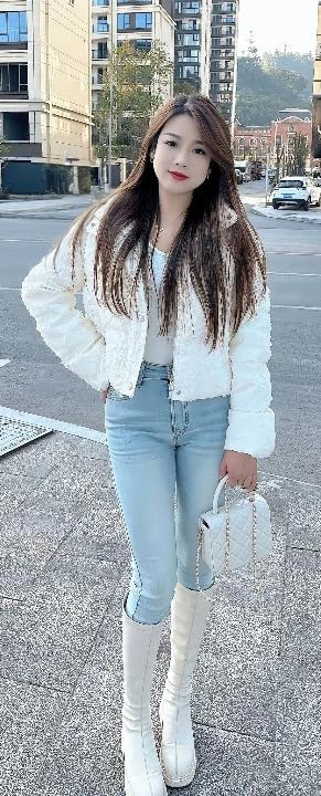 秋日穿搭指南：白色毛绒外套+浅蓝色牛仔裤+白色靴子，时尚又保暖！