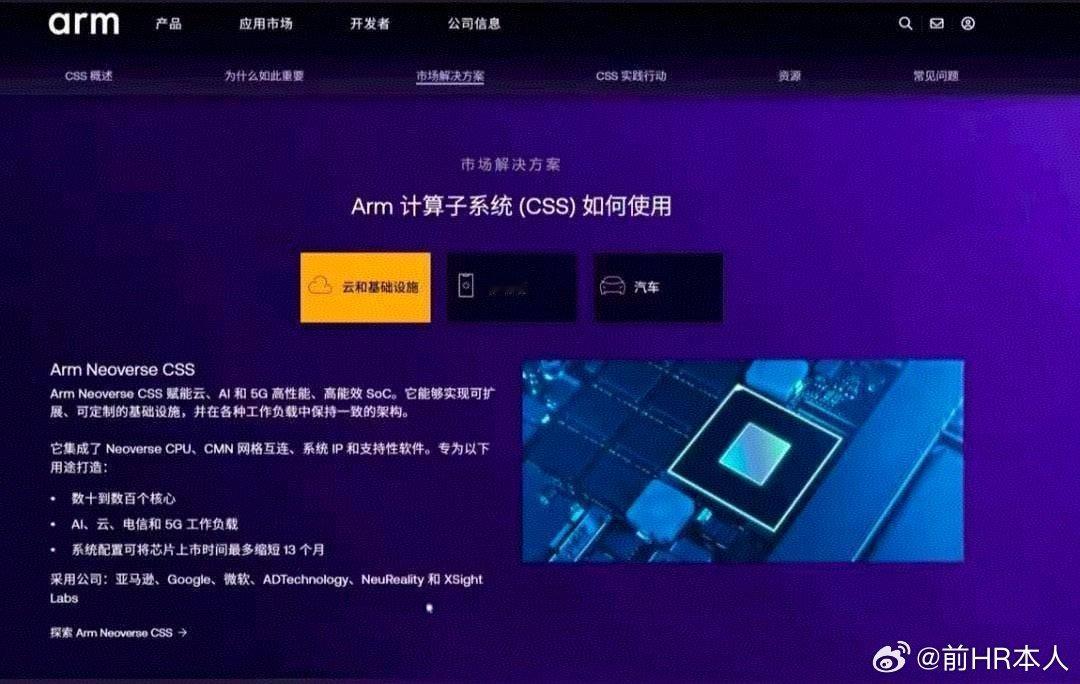 ARM公司推出三类CSS定制服务芯片，云和基础设施类，手机终端类，汽车类。他们指