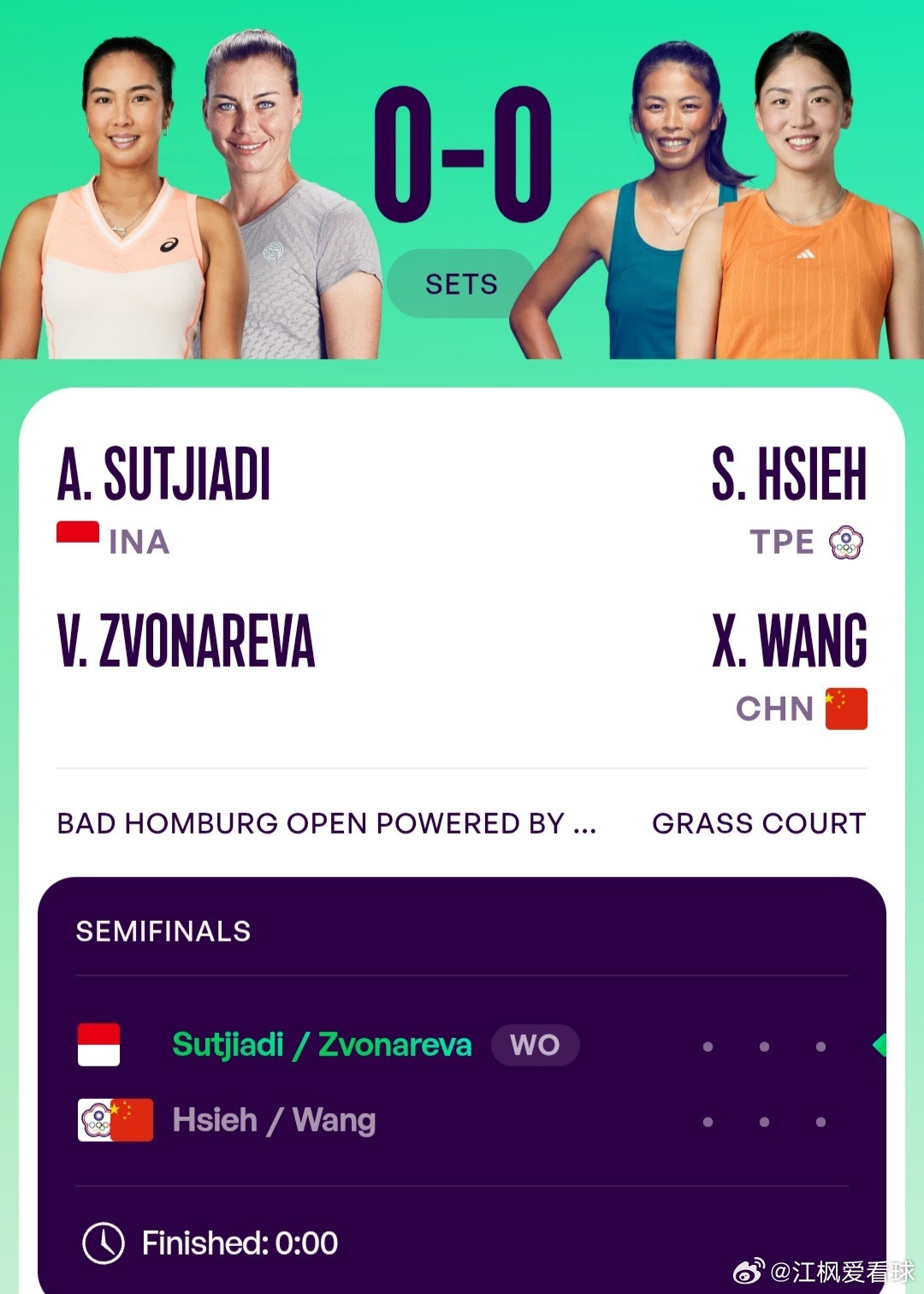 WTA500巴特洪堡站🇩🇪女双半决赛海峡组合谢淑薇/王欣瑜🇨🇳赛前退赛，