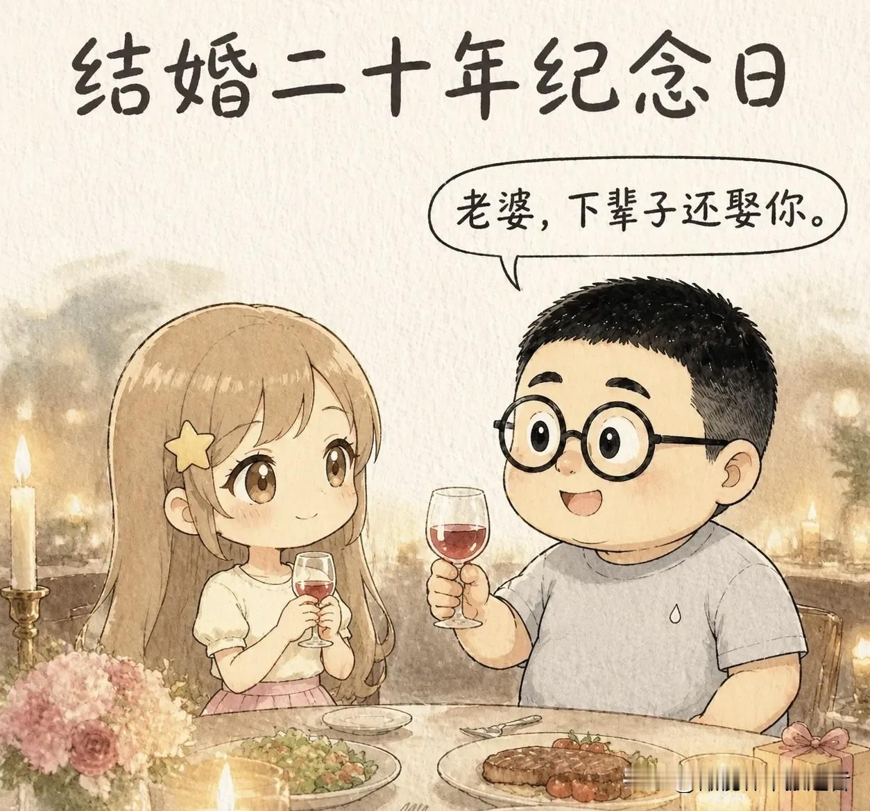 推荐有趣的漫画：结婚二十年纪念日，老公举杯：「老婆，下辈子还娶你。」老婆感动得眼