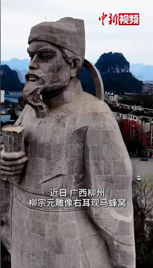 “厉害了！”近日，广西柳州，有人拍照时发现，当地地标建筑柳宗元雕像的右耳里，长了