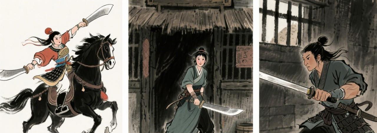 月色笼罩十字坡，孙二娘磨着刀，案板上躺着昏死的过客；扈家庄演武场，扈三娘的双刀舞