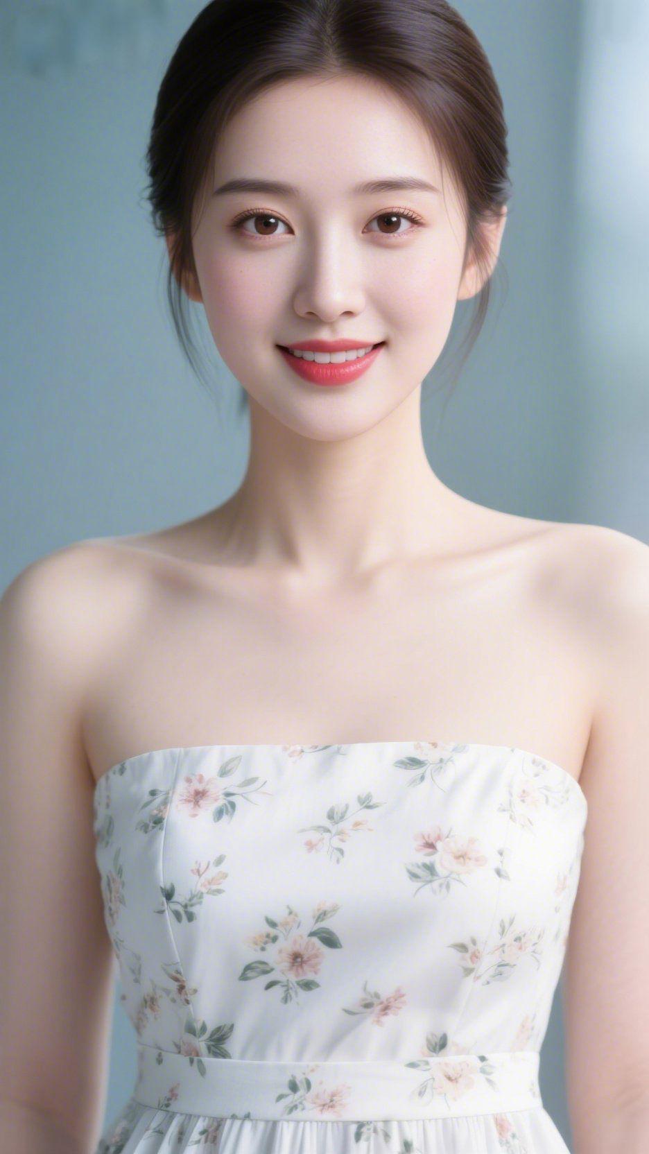 《浅衫裹春柔》淡青底色像浸了晨雾，她立在这软意里，裙上的花似刚沾了春露的枝