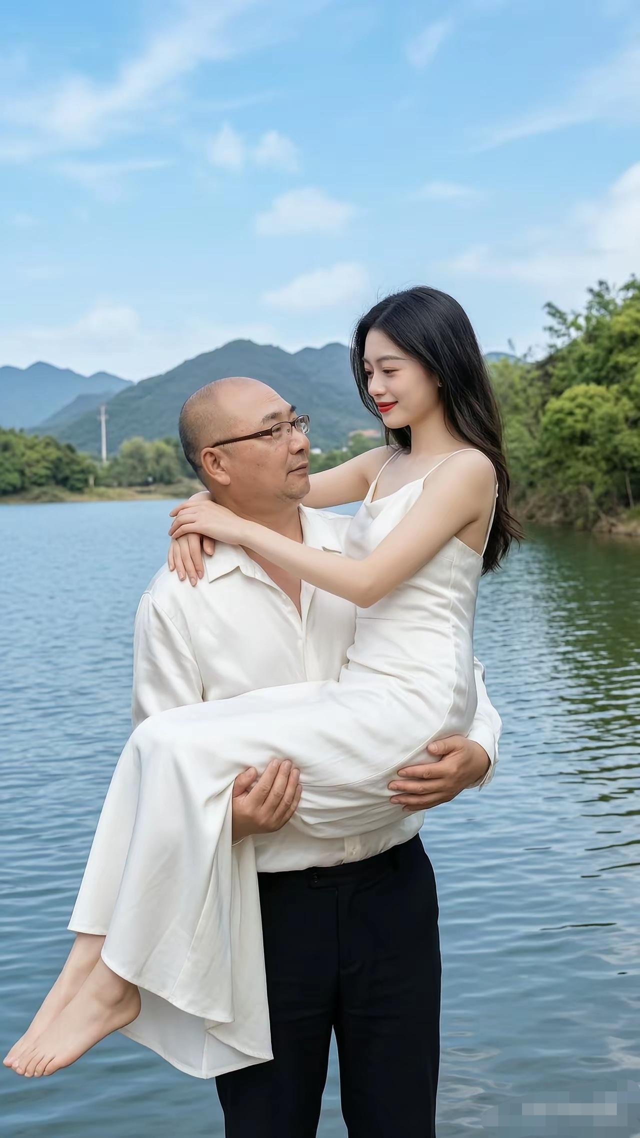 山水美如画，帅哥抱佳人，真是一副美丽的风景