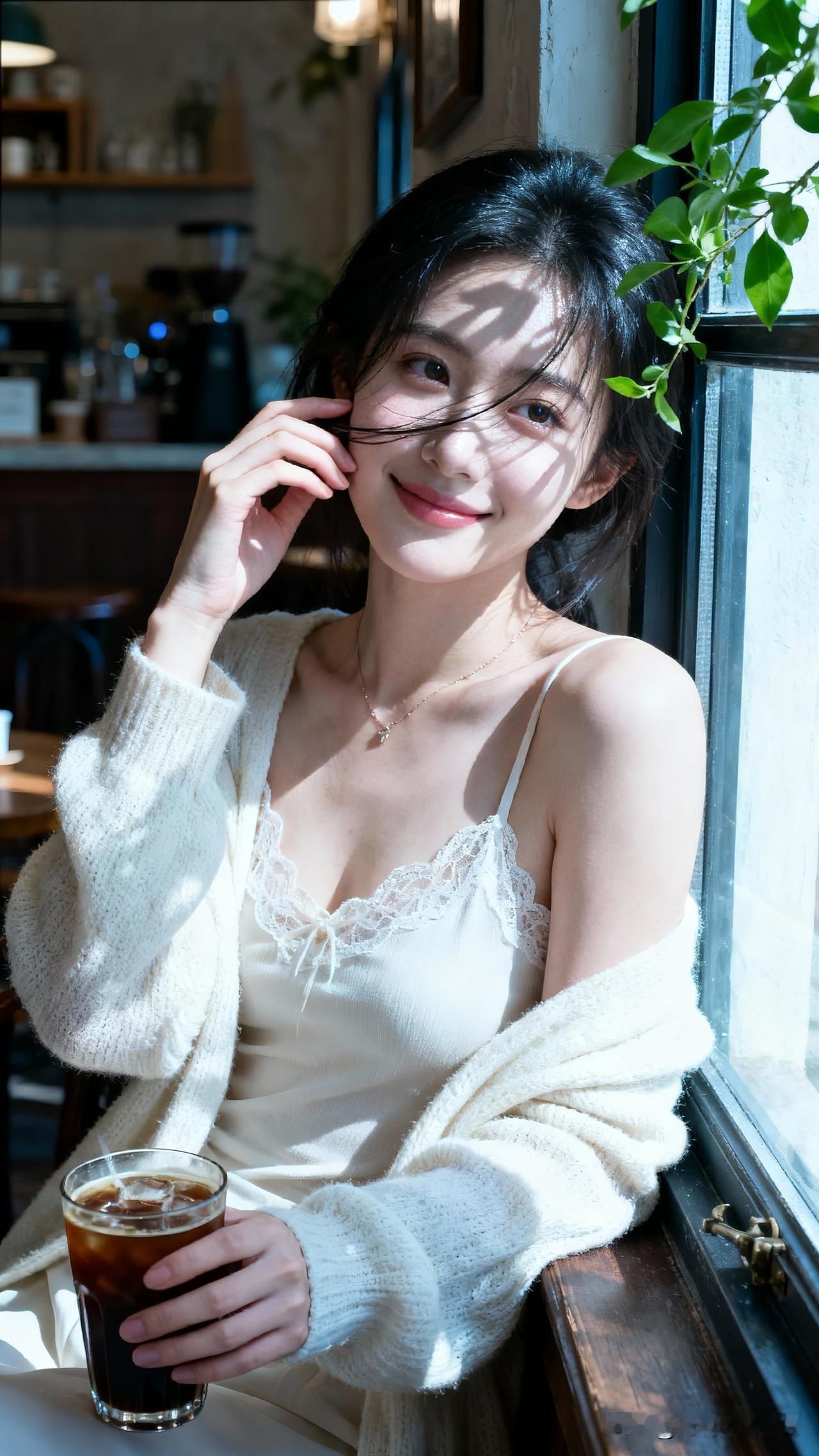 窗前美人笑，杯中饮品香。温柔可爱的女生你喜欢吗?阳光洒进咖啡馆，甜美女孩轻抚发