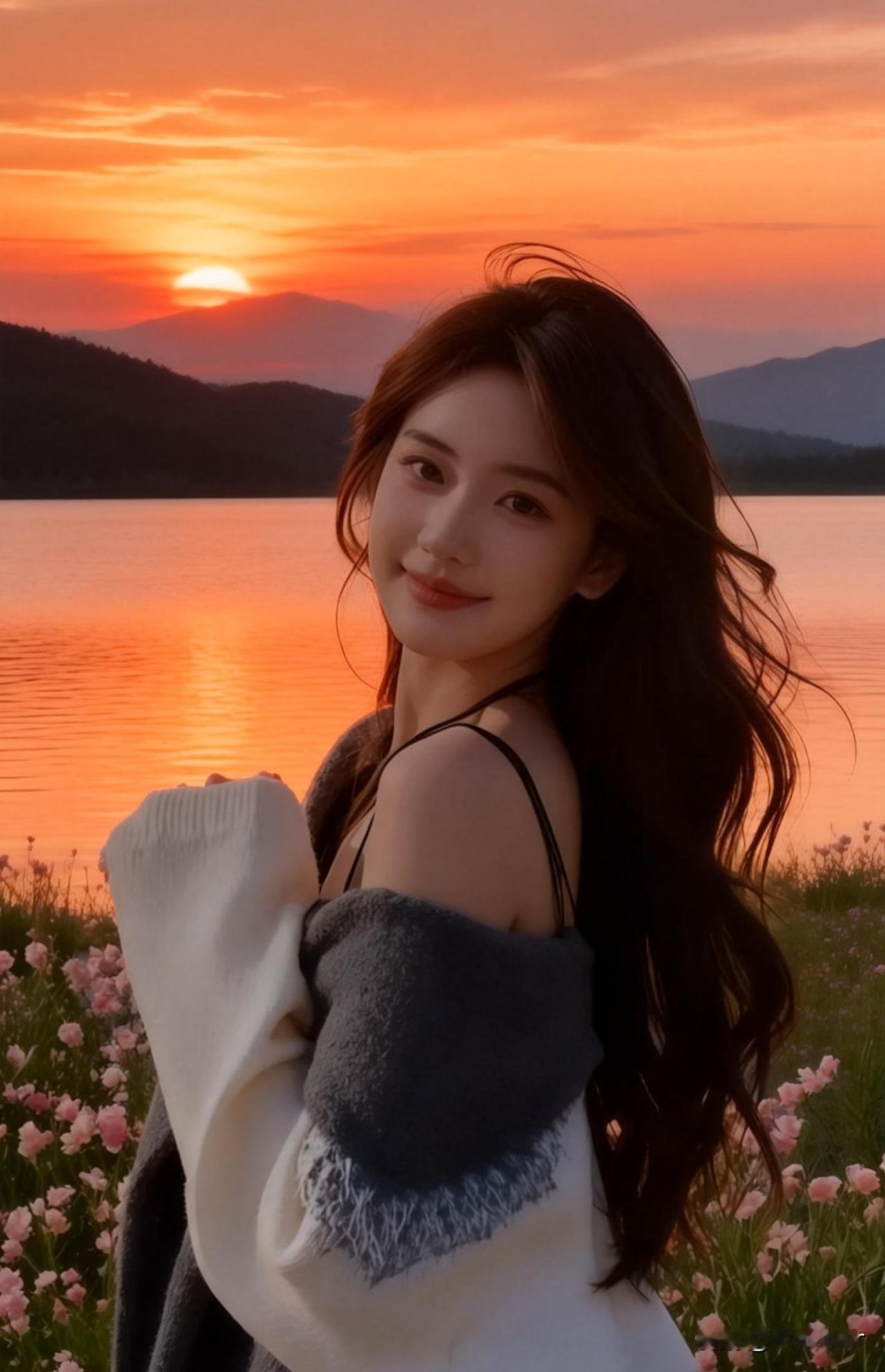 夕阳下的温柔微笑，湖畔的浪漫时光🌅💕