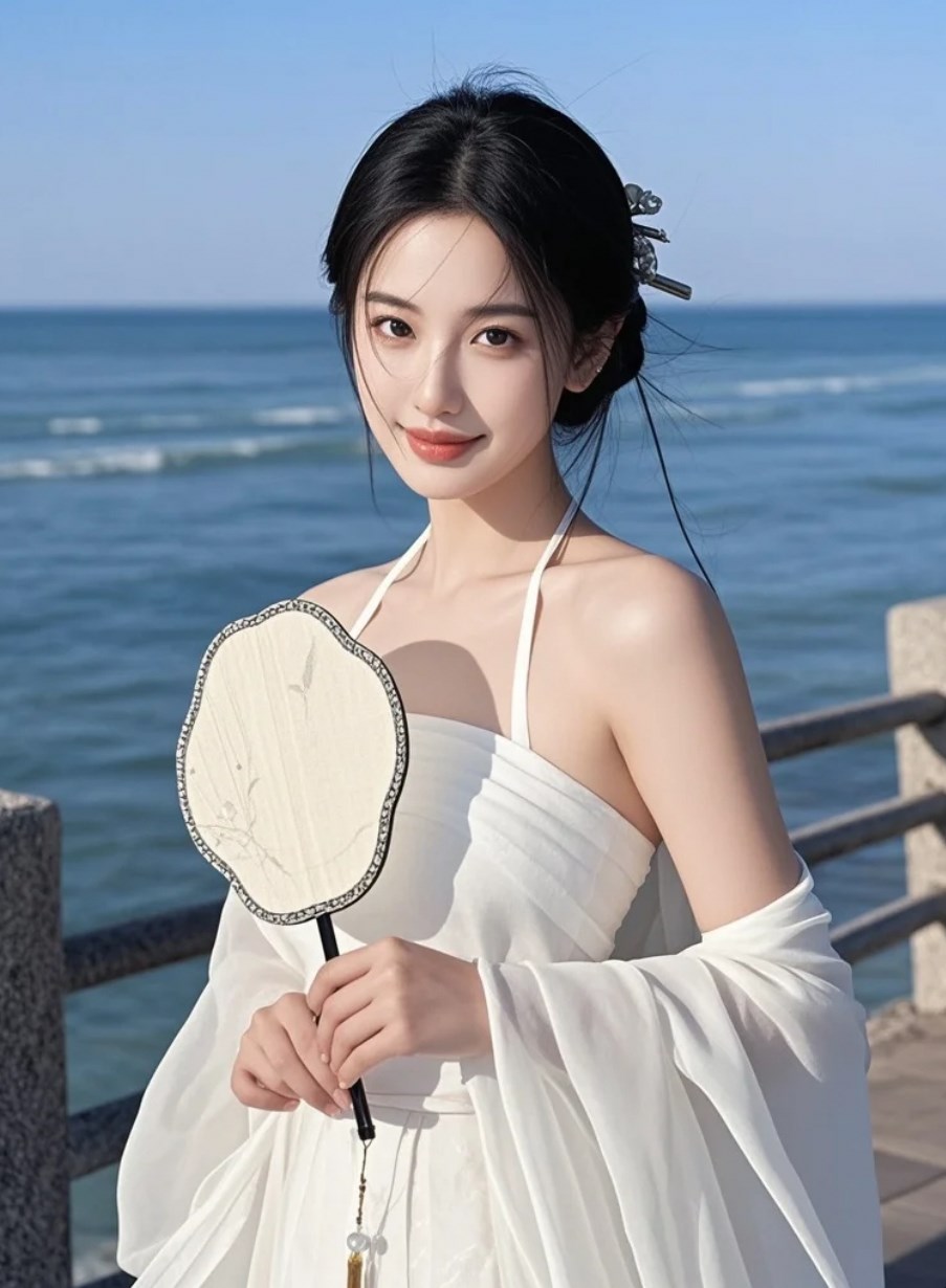 海边执扇一笑，胜过千言万语