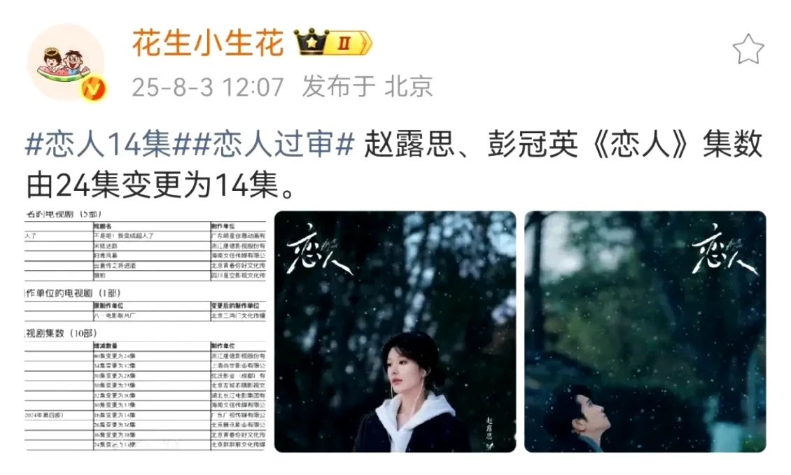 这也太离谱了！赵露思因病停拍的电视剧《恋人》今日过审，集数从24集变更为