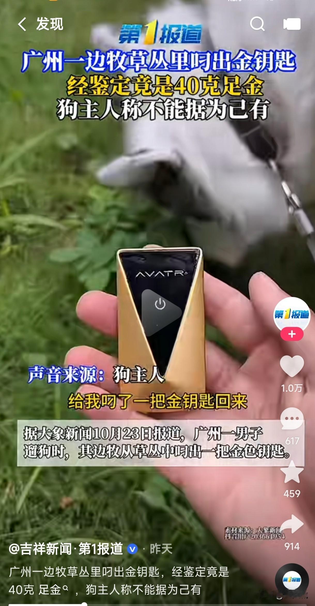 男子遛狗时狗子竟然从草丛里叼出一把金色的钥匙,男子以为是假的,拿到金店一鉴定,居