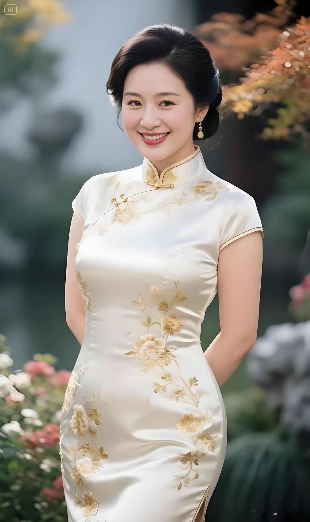 浅笑嫣然，惹人喜欢。身着旗袍，风情无限。