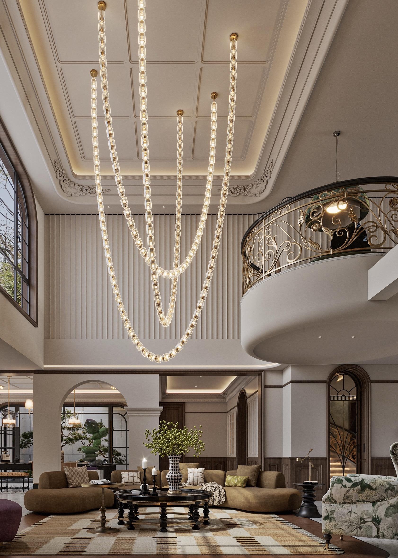 在昆明，家装修成了“老钱风”电影主角的家。下沉式挑空客厅 让整个公共区...