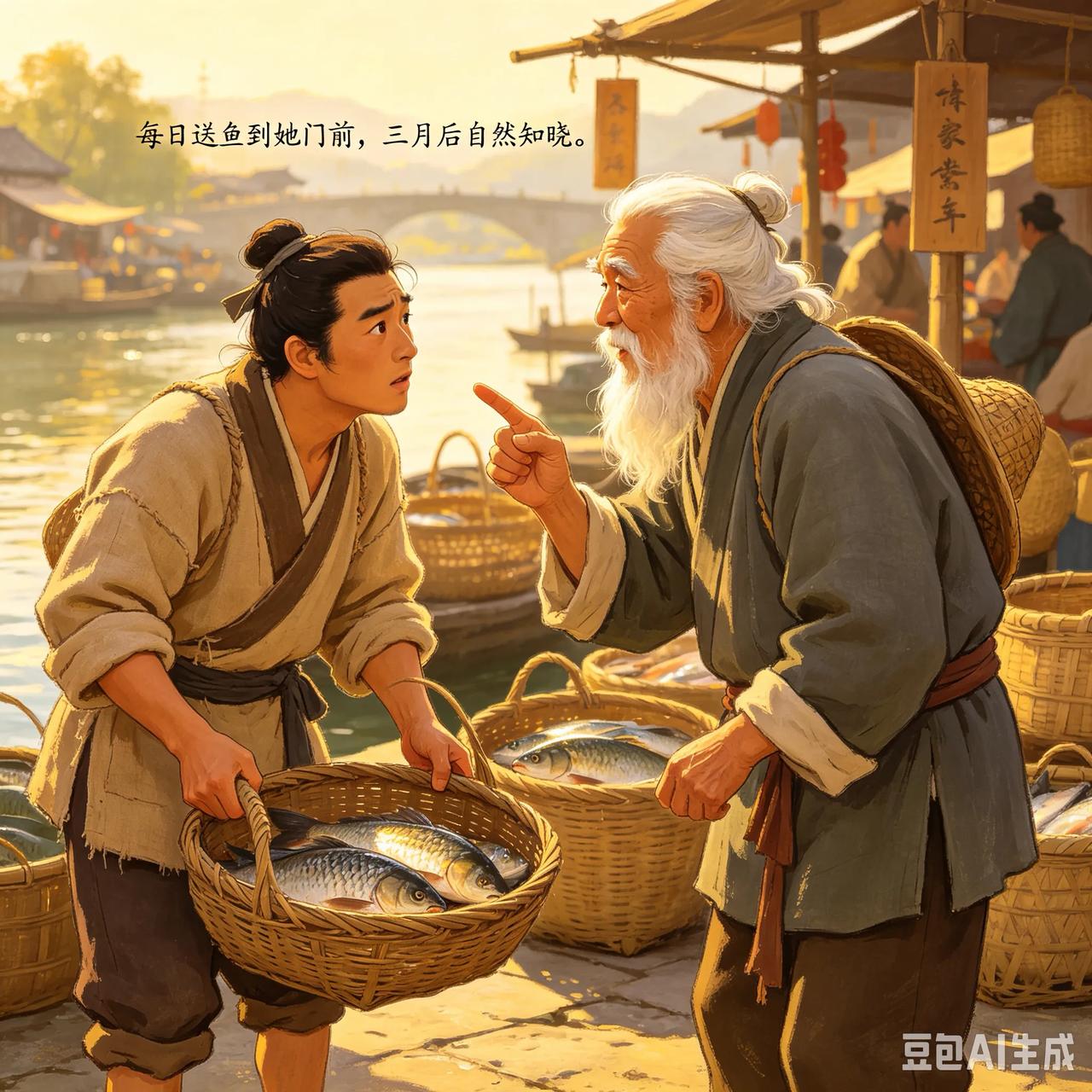 清朝时，杭州洋市街石牌楼有个卖鱼的人，每天五更时分，天尚未亮，就从民山门出去卖鱼