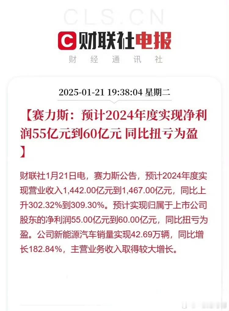 赛力斯预计2024年度实现营业收入1442亿元-1467亿元之间。净利润预计是5