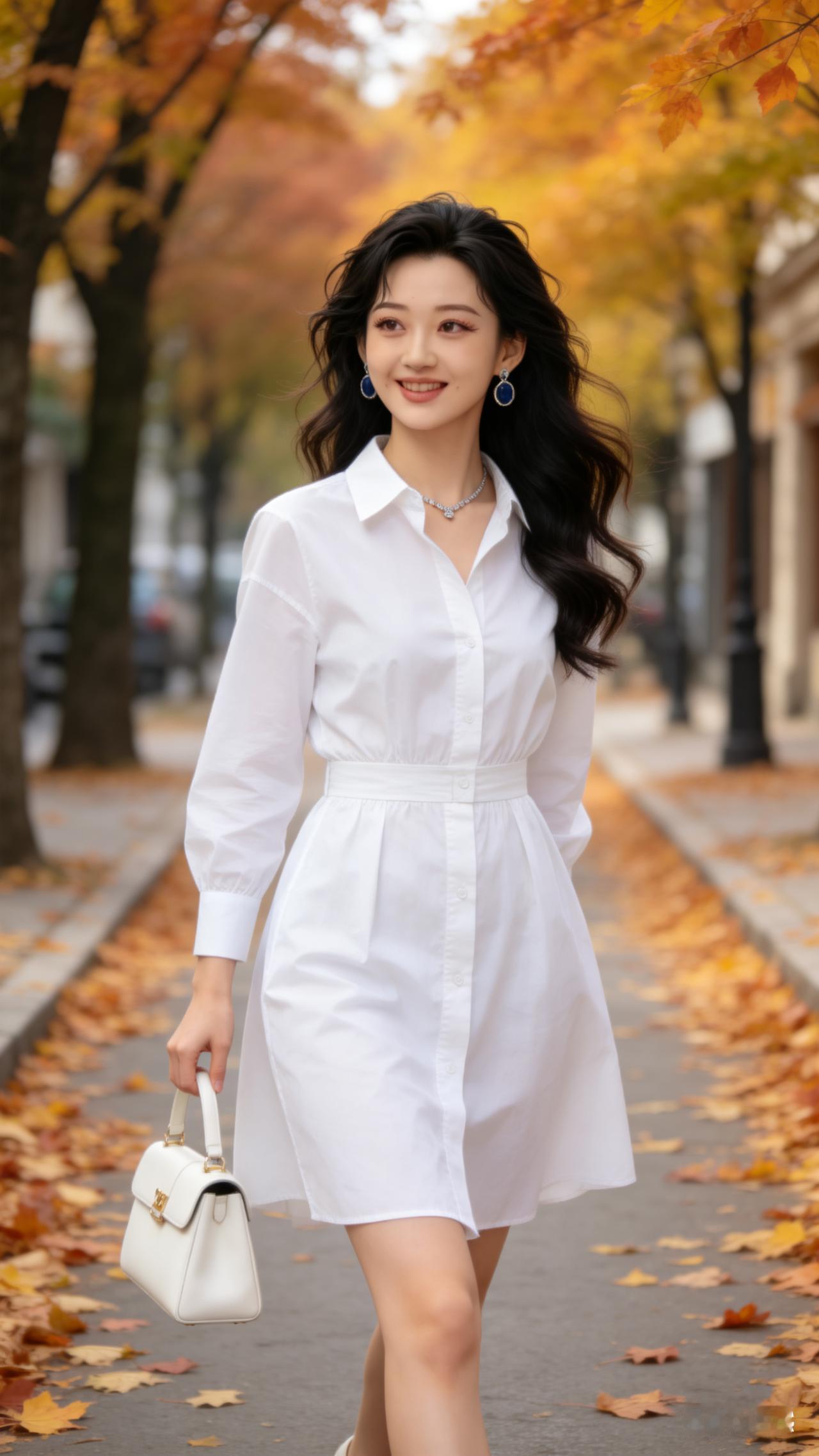 秋日漫步，白色连衣裙与落叶的浪漫邂逅🍂👗💃