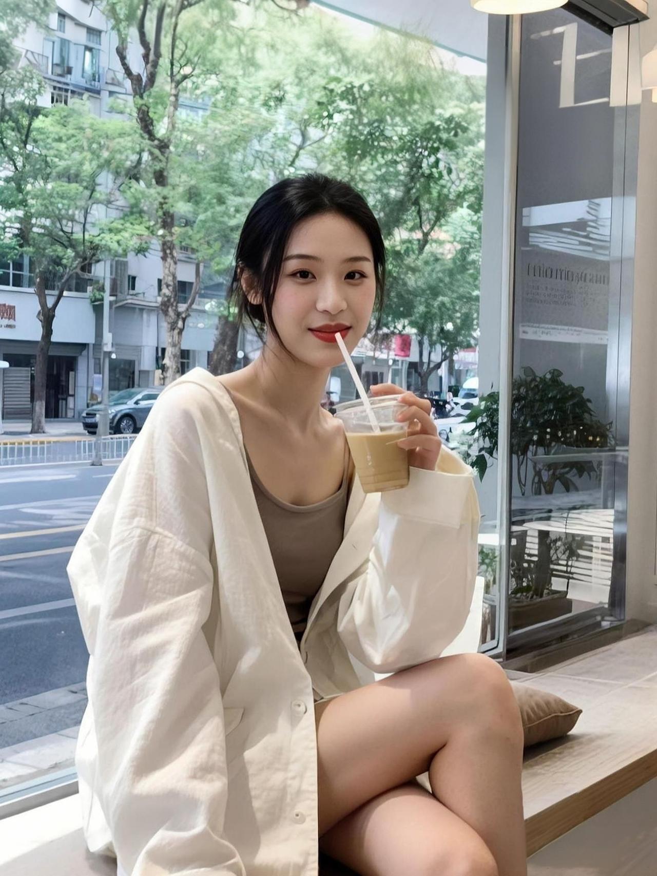 窗畔风轻揽夏光，冰茶浅啜味清扬。素衣漫展悠然态，一树新阴映鬓旁。☕️🍃​街