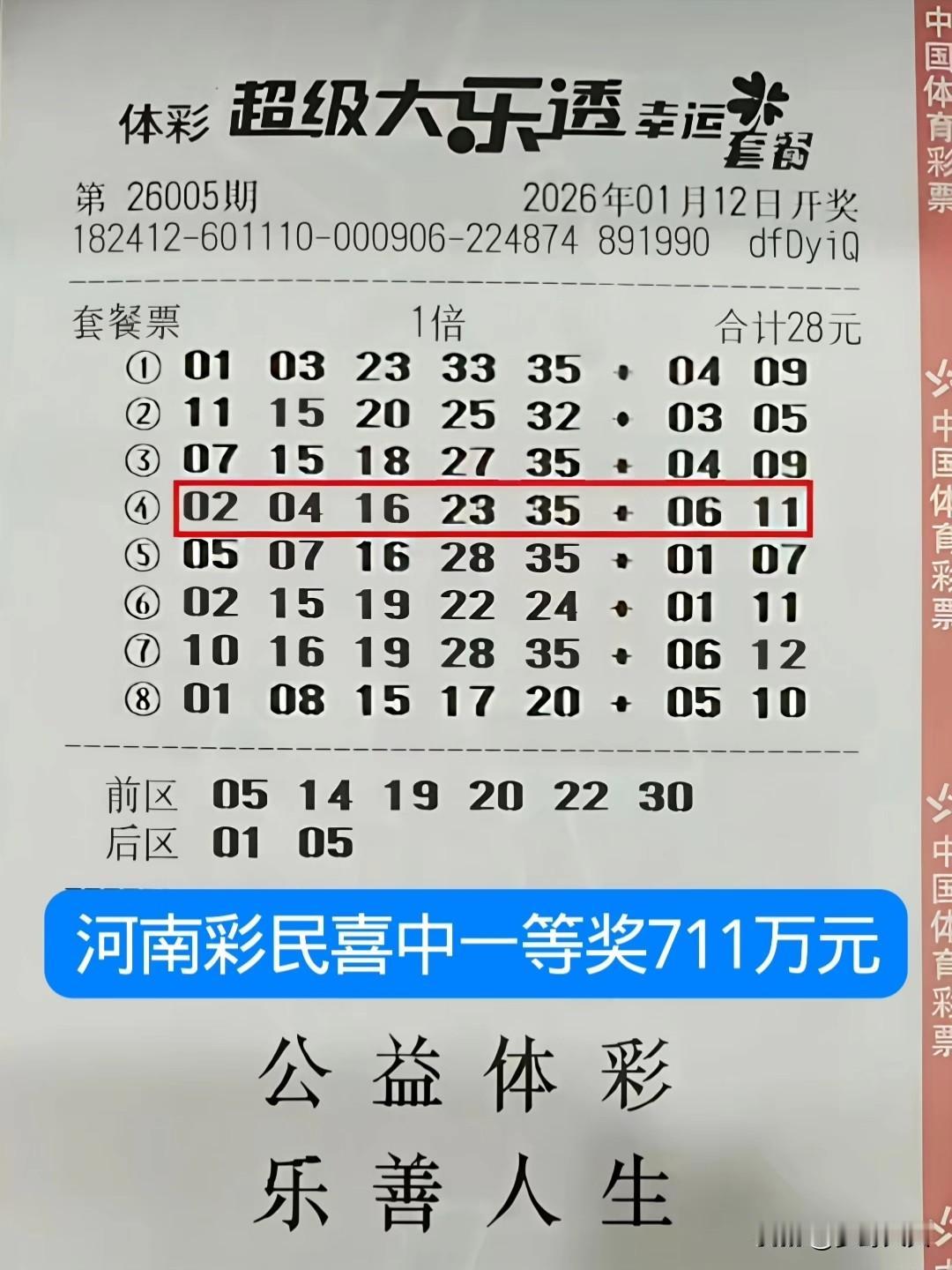 河南农民喜中体彩一等奖711万元，这是一张28元套餐大乐透体育彩票，第四组号码精