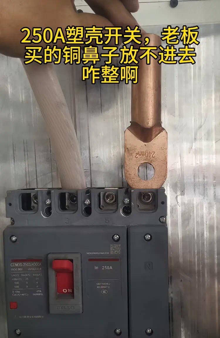 这怎么办才好呢？老板买来了个250的开关和配套250的线鼻子，让车间电工接条