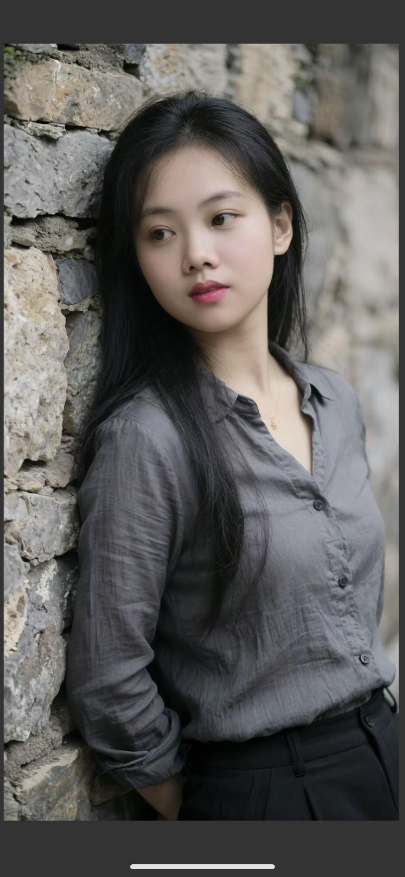 石墙前，沉思的少女，黑白灰的优雅穿搭