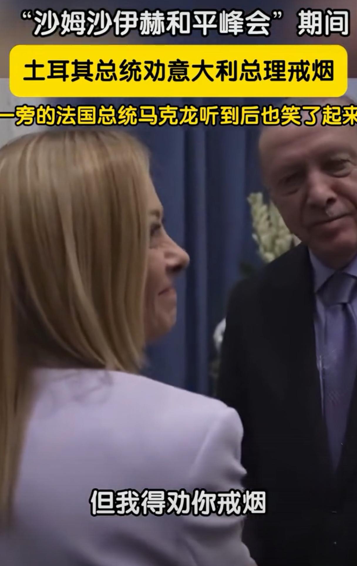 有点意思，土耳其总统埃尔多安劝说意大利女总理梅洛尼戒烟。埃尔多安出席埃及沙姆
