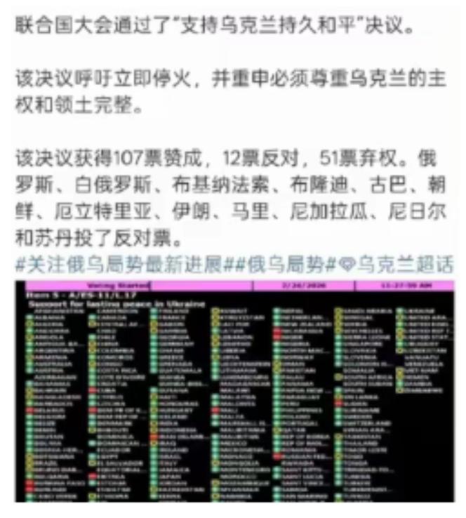 弱国无外交啊，支持乌克兰的国家只有107个，但是支持俄罗斯的国家居然高达12个。