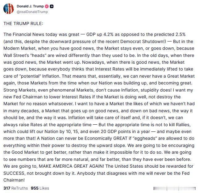 特朗普通过TruthSocial发文：我希望我的新任美联储主席在市场表现良