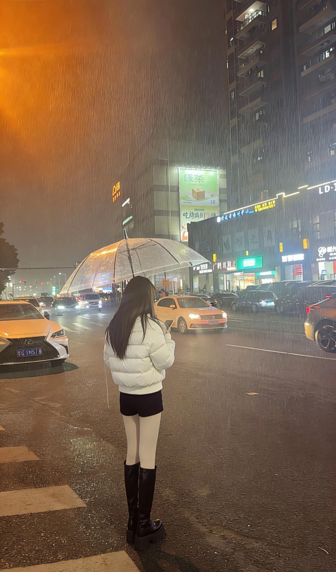 冷雨夜，好冷好冷啊！白色的长靴配黑裤袜,好看吗?