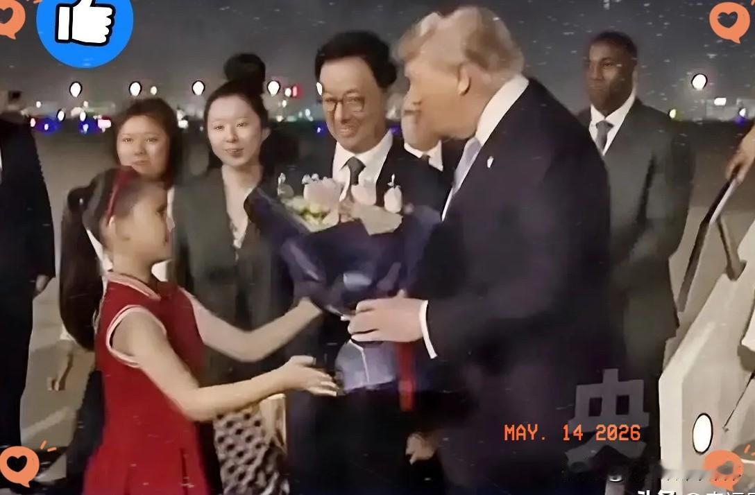整个接机仪式中最引人注目的就是那个穿红色连衣裙的小姑娘，手里捧着花，在满是黑压压