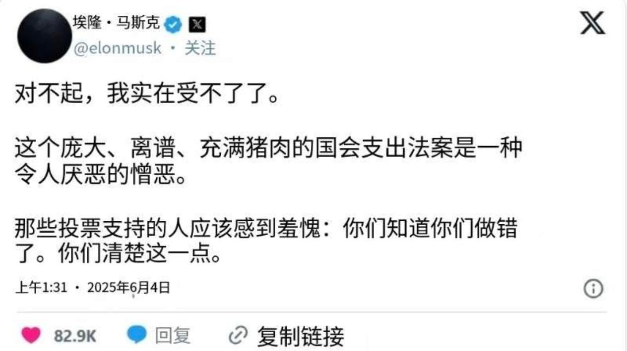 世界首富马斯克不装了！刚刚！他在社媒上发声，怒斥懂王支持的大而美预算法案，他认为