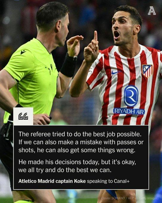 【马竞指责裁判不公】马竞1比1阿森纳，比赛结束之后，马竞队长科克在接受采访时表示