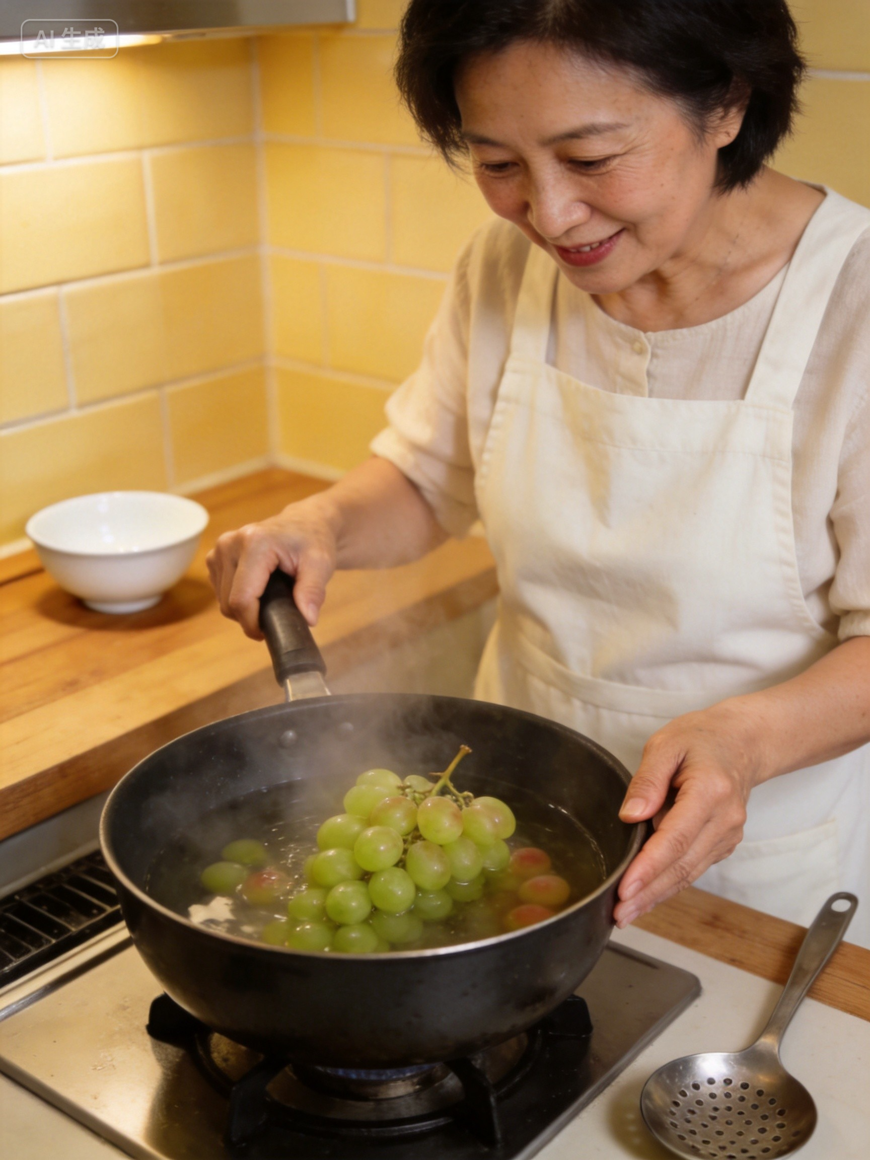广西一位妈妈，买了阳光玫瑰葡萄，盐水泡了还不放心，干脆给煮了一分钟。女儿从冰箱端出来一看——妈呀，一