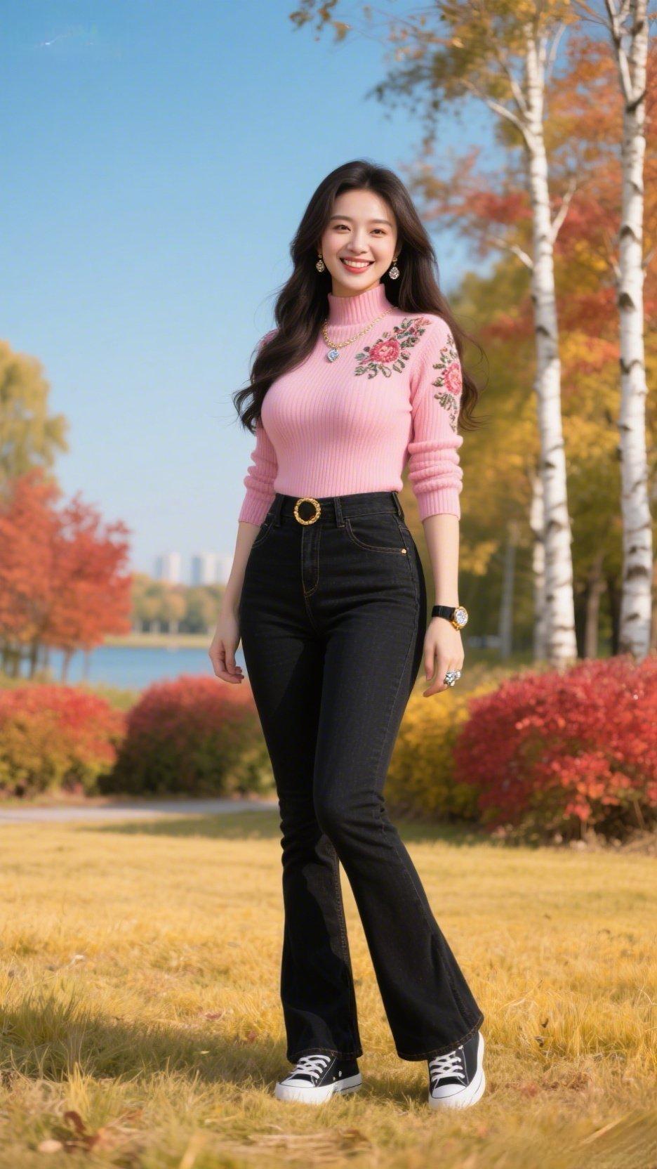 穿搭指南：粉色毛衣+黑色牛仔裤，轻松自在，享受美好时光！🍂👗👖