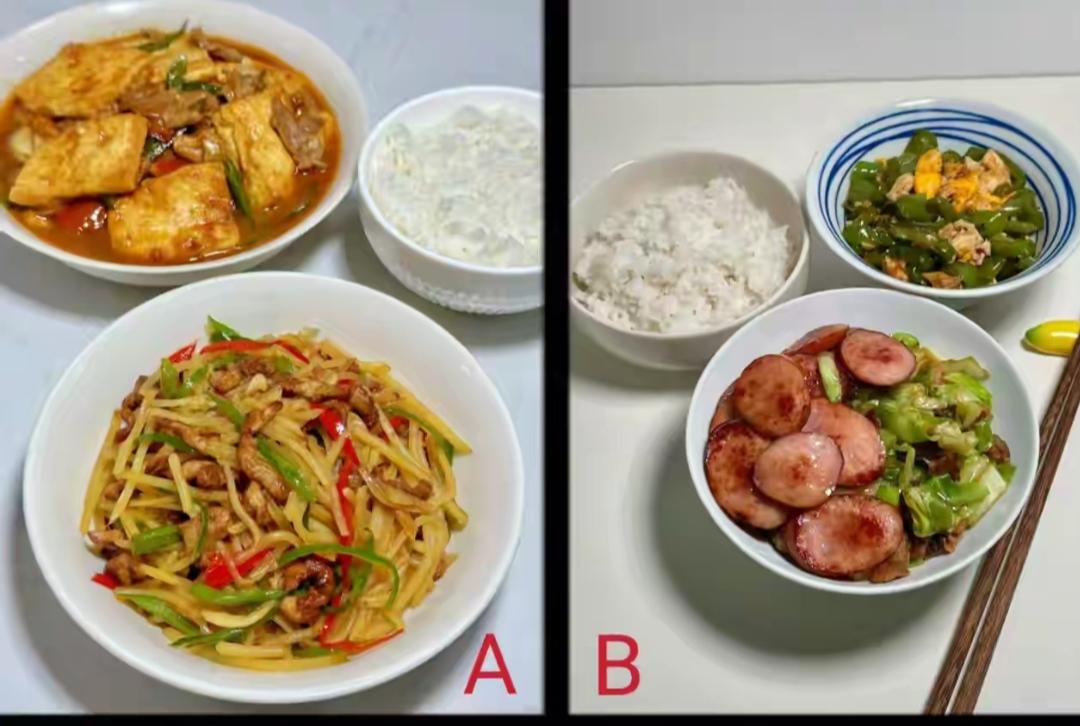 两盘菜，一盘是土豆丝，一盘是红肠。你喜欢吃哪一款？都是北方的菜系吧？[作揖][