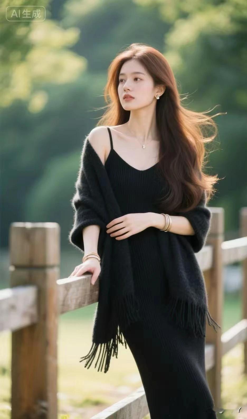 知性美女，黑色长裙秀外慧中，倾世芳容冰肌玉骨，明眸皓齿出水芙蓉，亭亭玉立